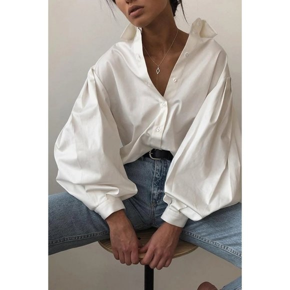 Solid Color Lapel Puff Sleeve Blouses - Picture 6 of 7